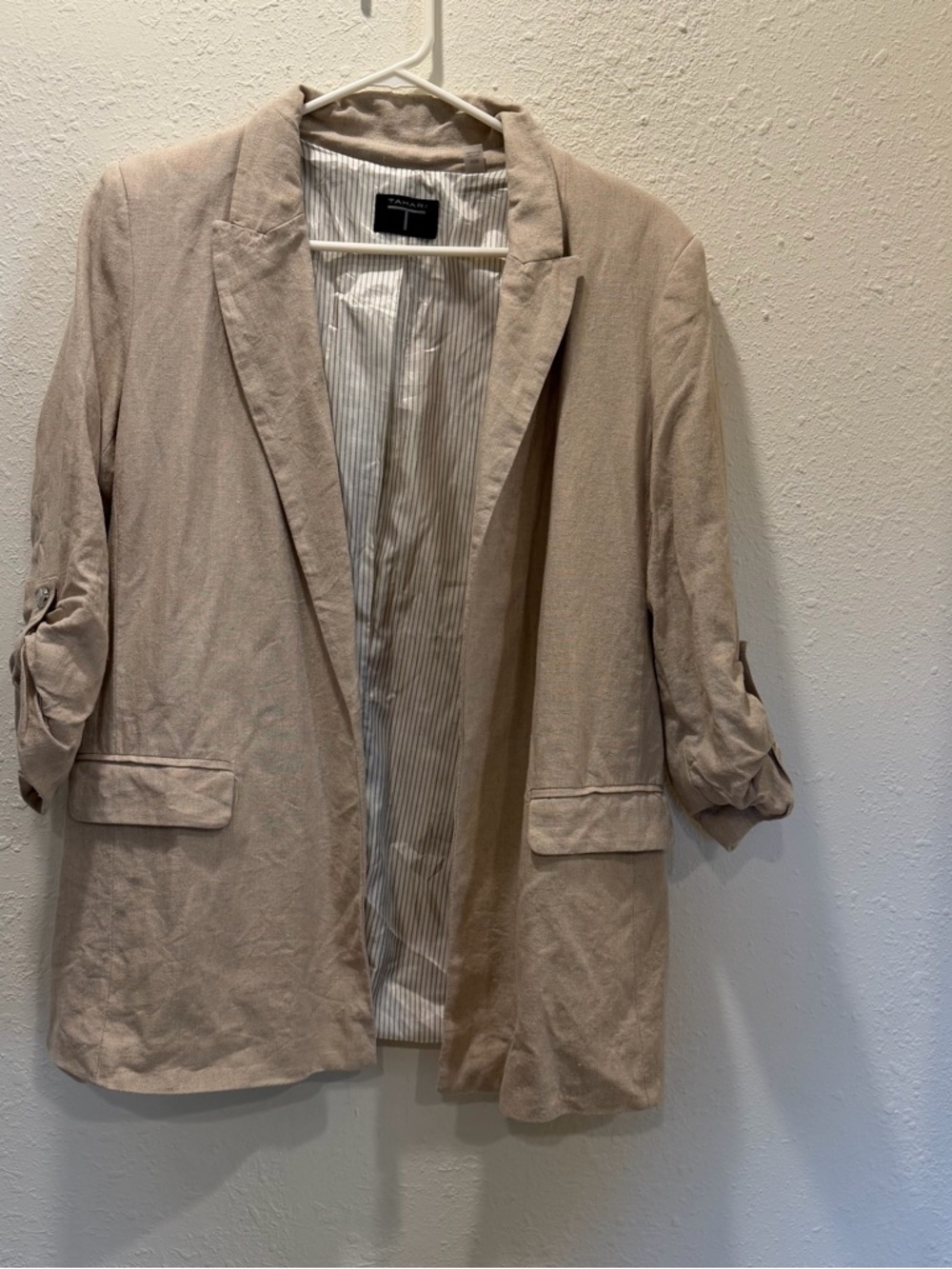 Tahari Light Beige Linen-Blend Open Blazer Medium